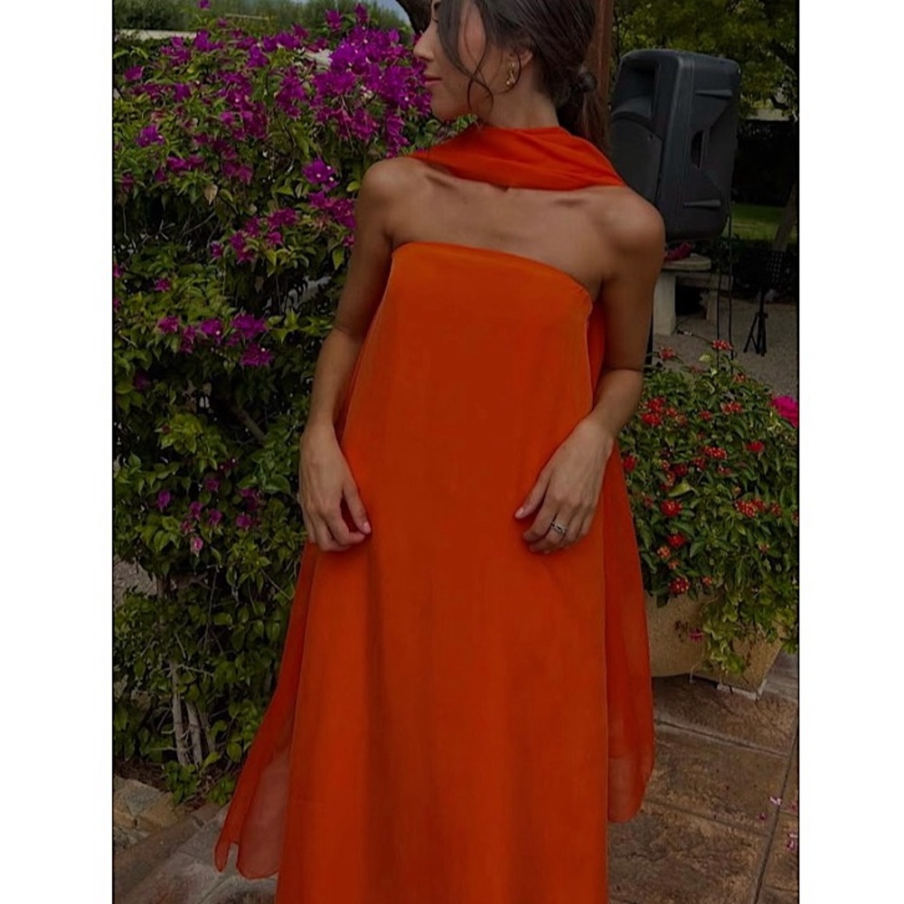 CRIS SERRA Janet Dress | Strapless Orange Gown with Neck Scarf (Size M)